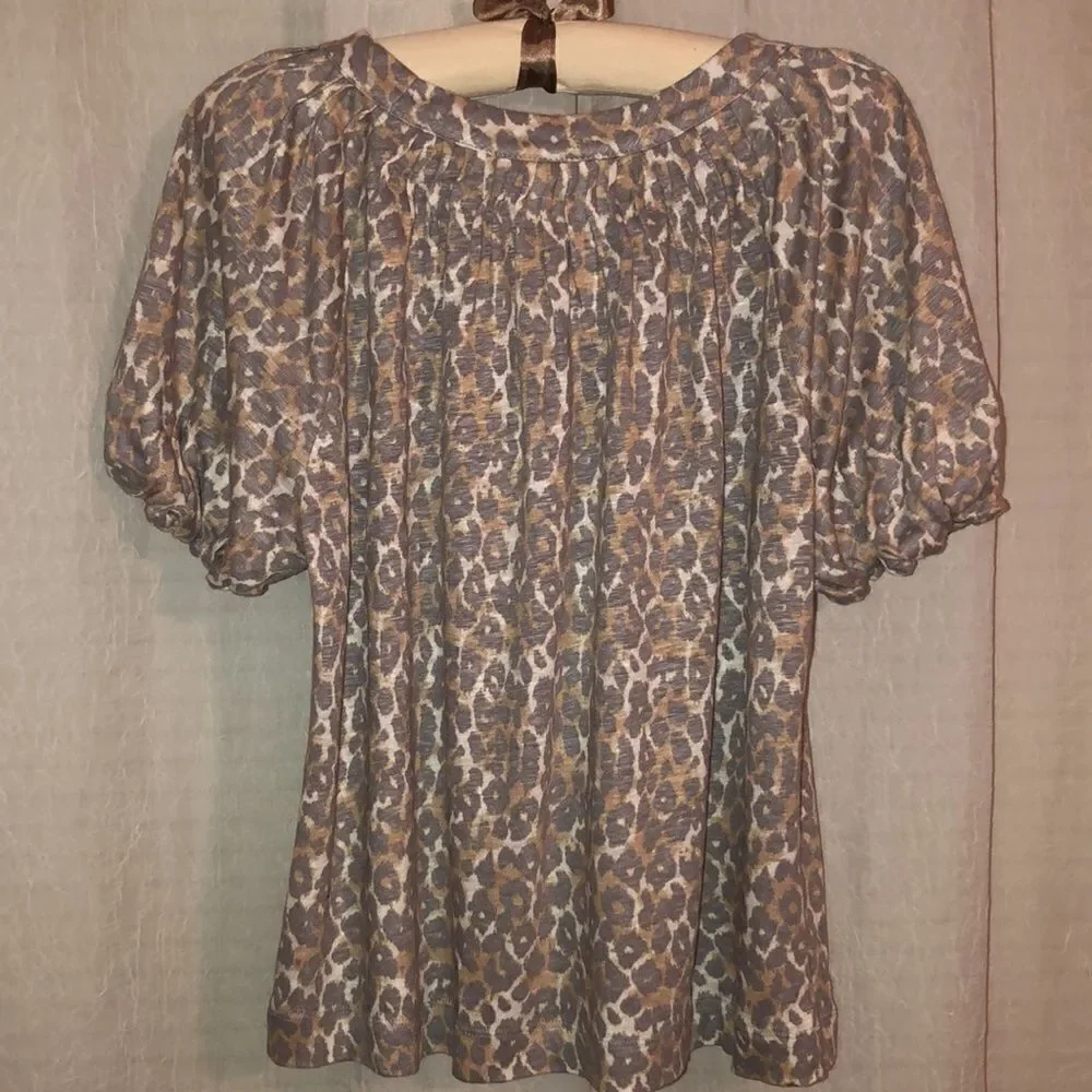 Anthropologie S Maeve Linen Puff Sleeve Leopard Top